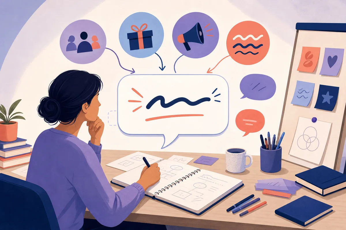 Brand strategist developing a memorable slogan from audience, benefit, voice, and rhythm ideas