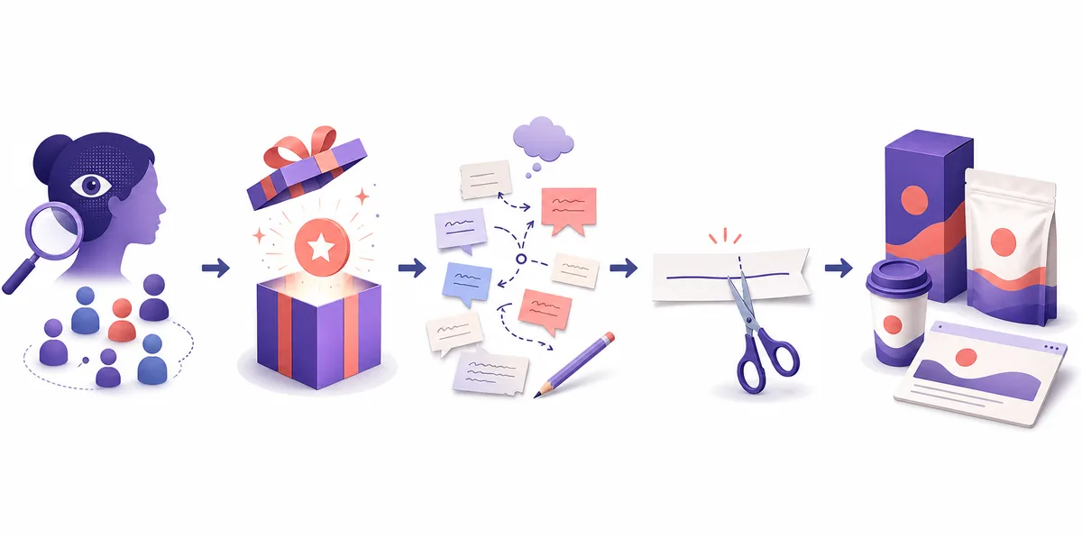 Five-stage slogan process from audience insight and benefit to drafting, editing, and real-world testing