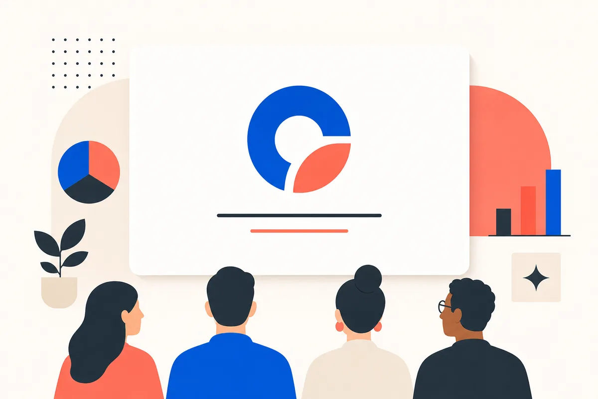 Editorial illustration of a brand logo paired with a short tagline line