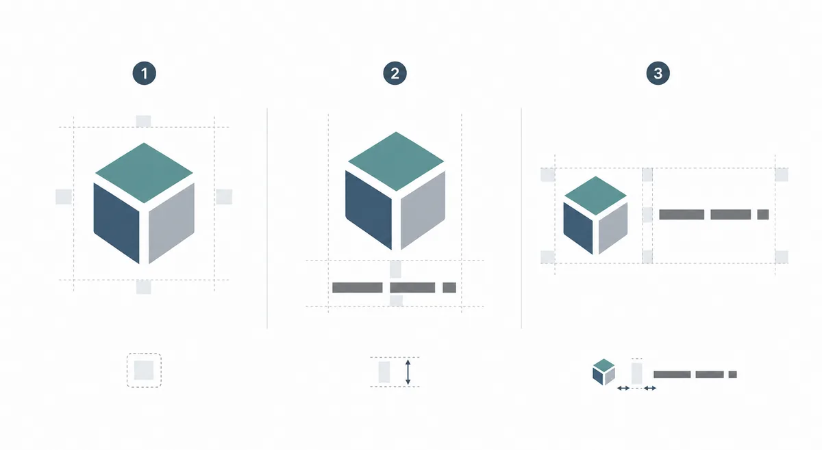Editorial diagram comparing a logo alone, a logo with tagline, and a compact wordmark lockup