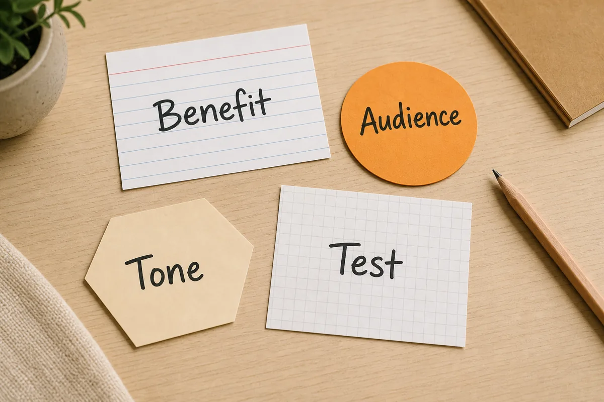 Desk cards labeled Benefit, Audience, Tone, and Test for planning slogan examples