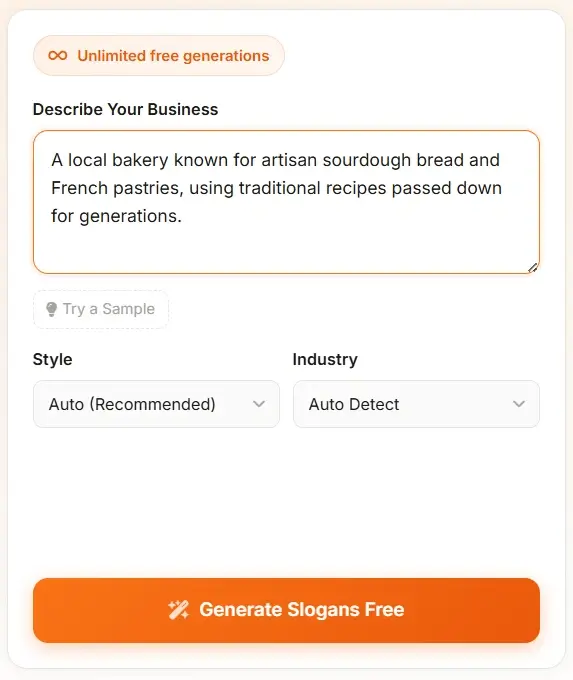 AI Slogan Generator business input form - describe your business