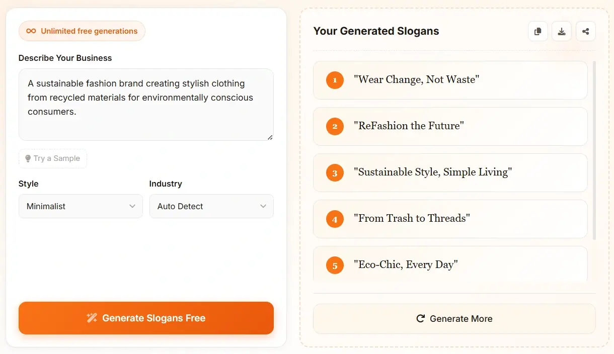AI Slogan Generator results panel - compact view
