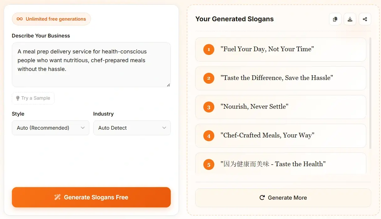 AI slogan generator output panel - Generated business slogans example