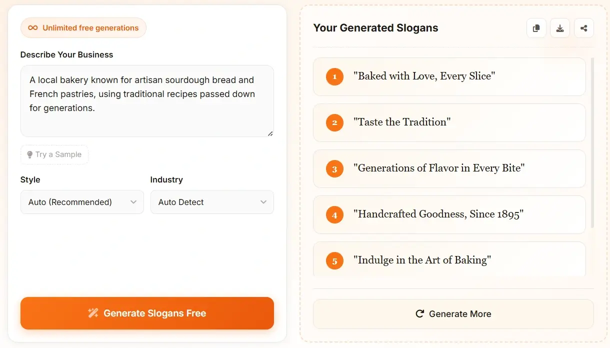 AI slogan generator results - Sample taglines for bakery business